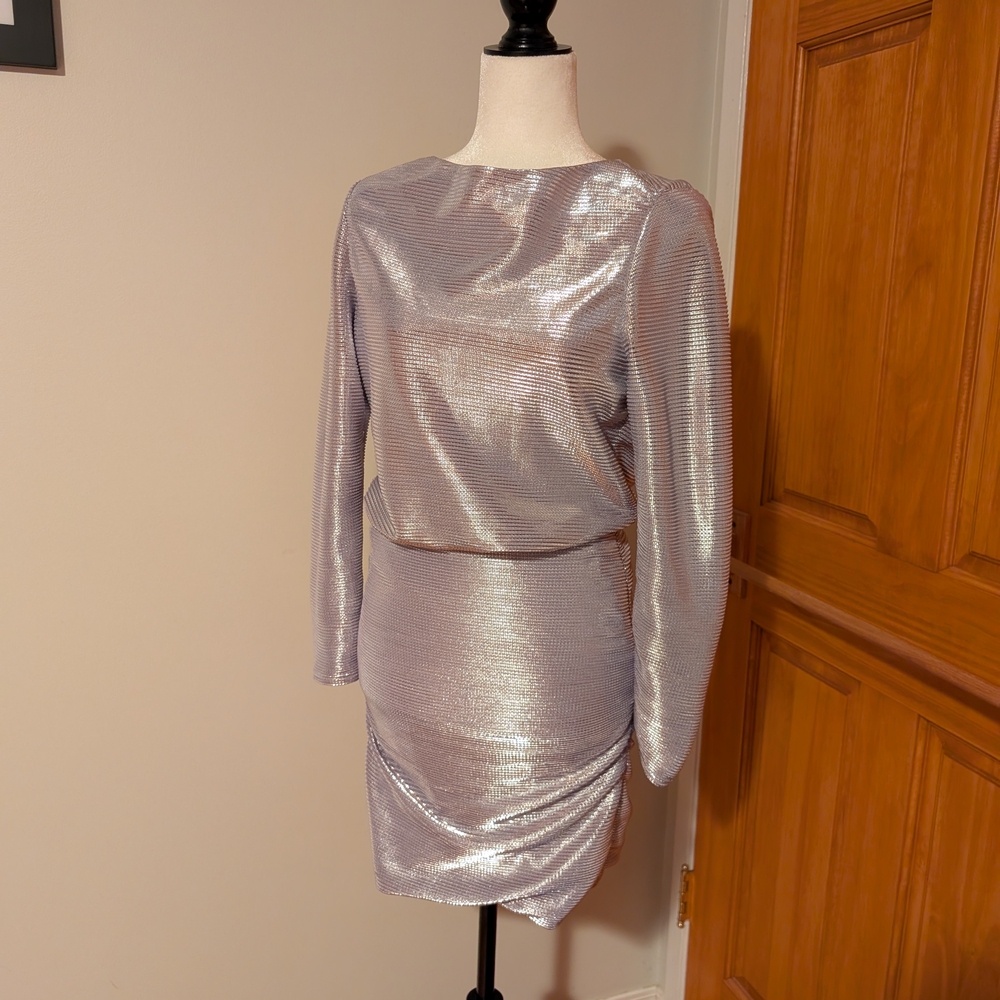 Maje Lavender Silver Sheath Mini Dress with Bishop Sleeves Size 38 Or 6/8